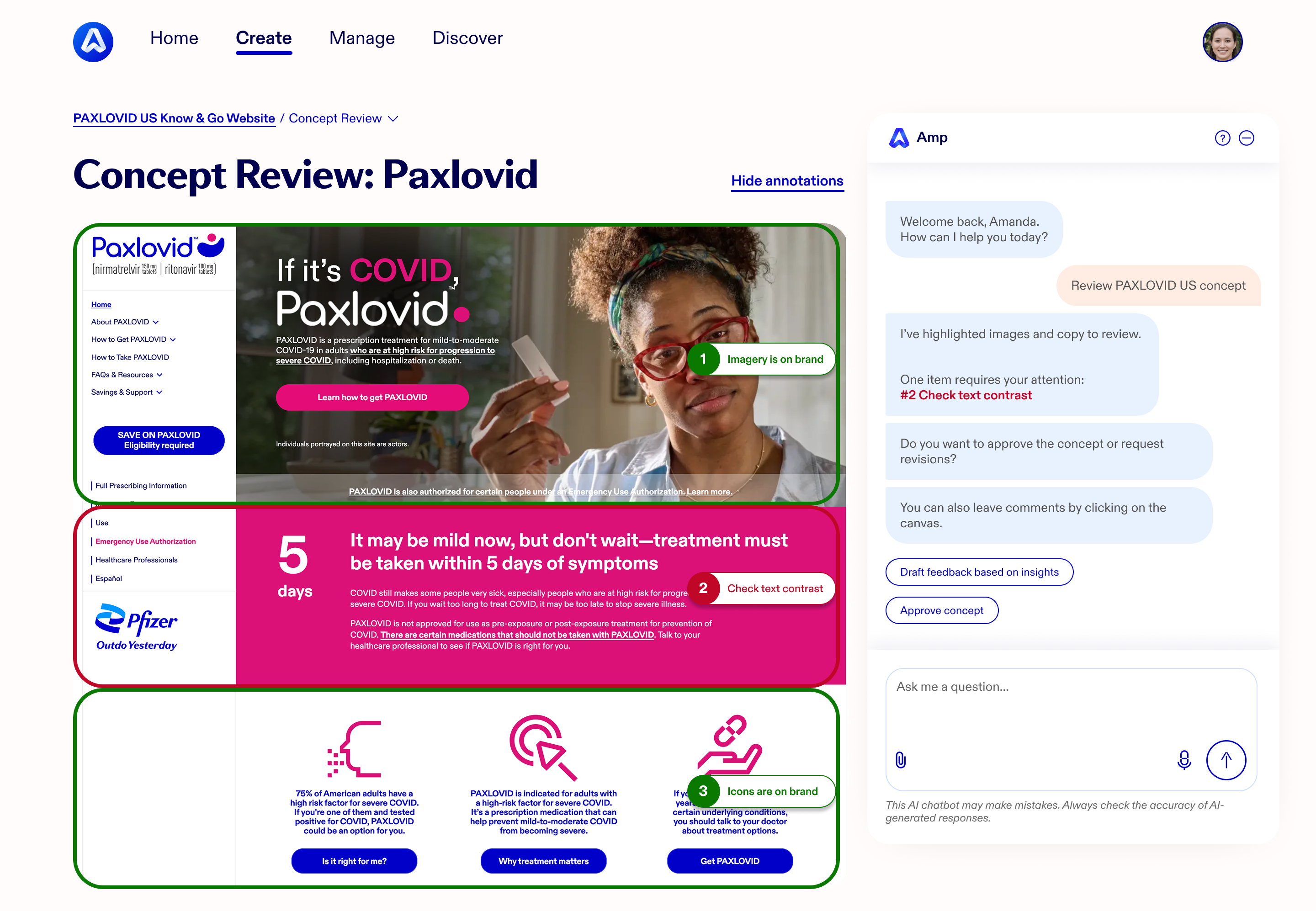 Concept Review: Paxlovid. A campaign page preview carries three numbered annotations — two green, marking on-brand imagery and icons, and one red flagging text contrast to check. The Amp chat summarises the review, names the contrast issue as the one item needing attention, and offers to draft feedback or approve the concept.